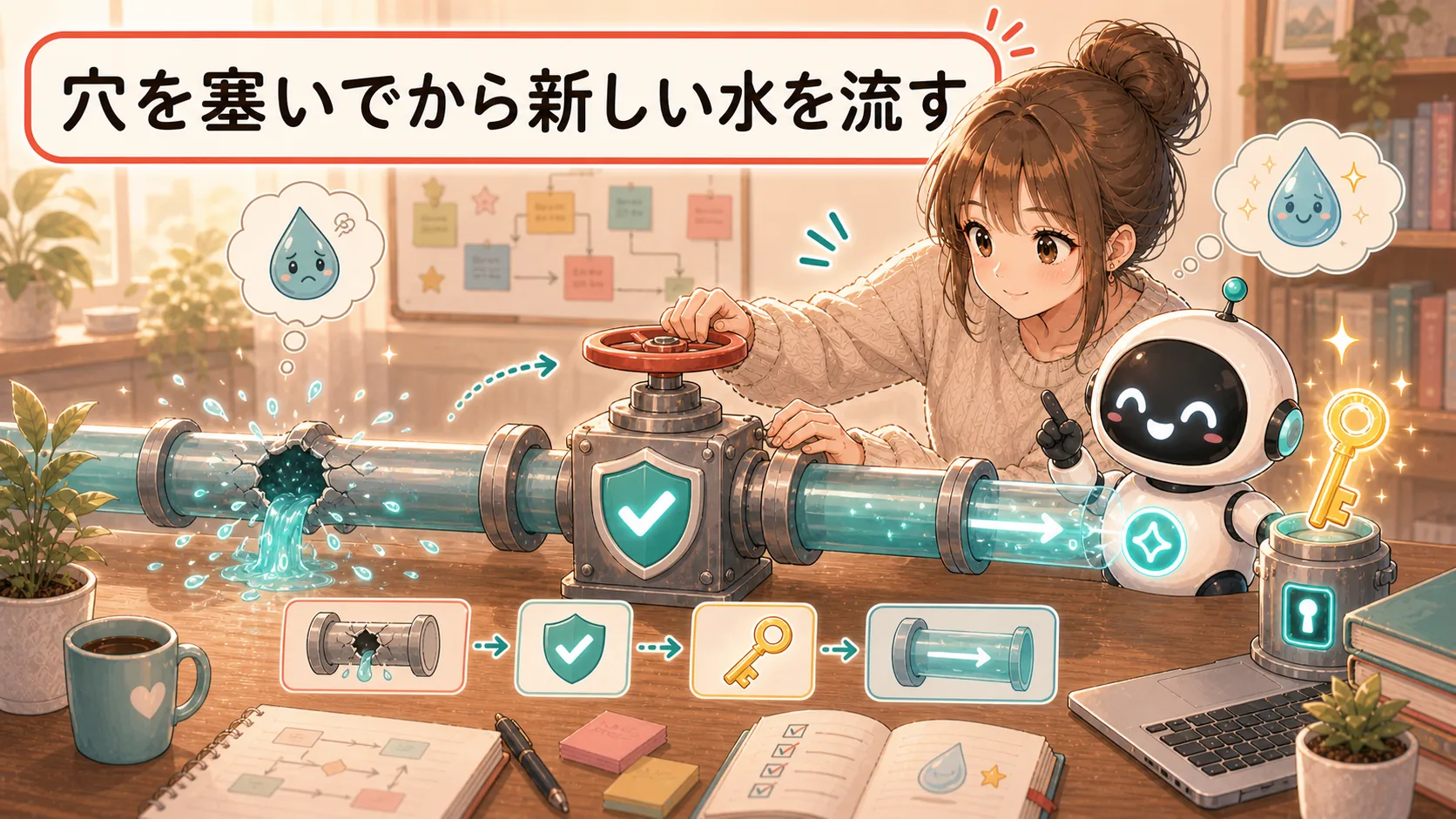 穴を塞いでから新しい水を流す