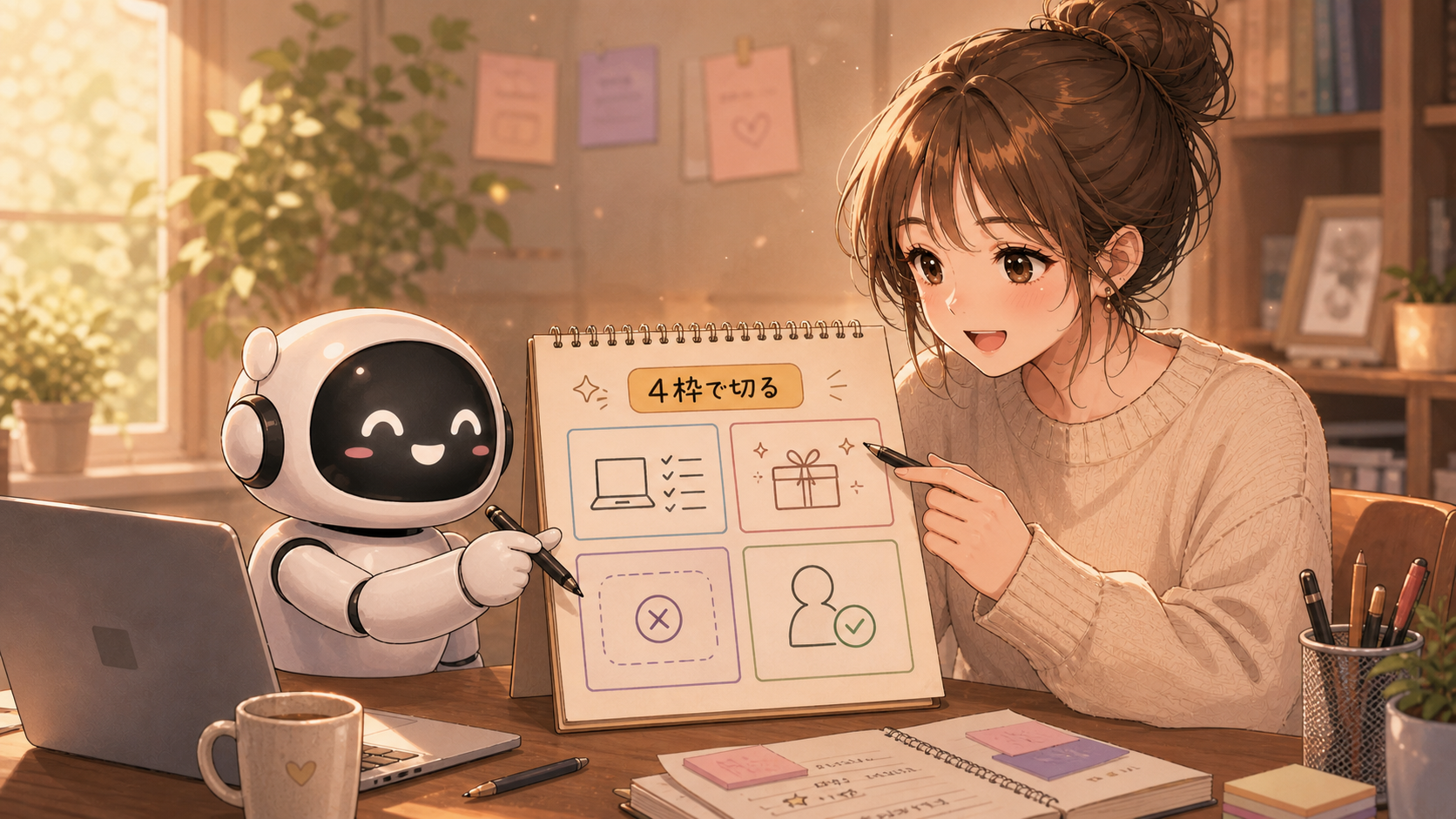 聞き取りメモを4枠のスコープシートへ整理する図